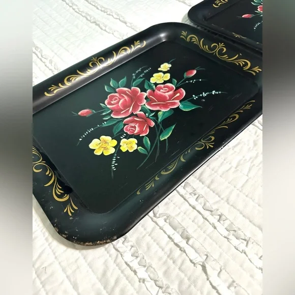 Vintage Black Floral Decorative Serving trays Toleware Plates Flowers 17 X 13 In - Picture 6 of 10